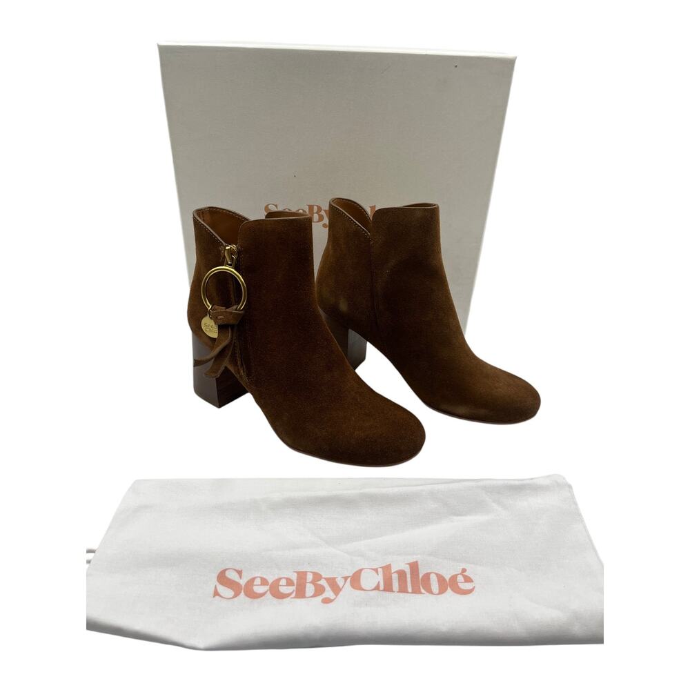 See By Chloe Louise Suede Block Heels Ankle Boots Booties Brown Size 36 / 6